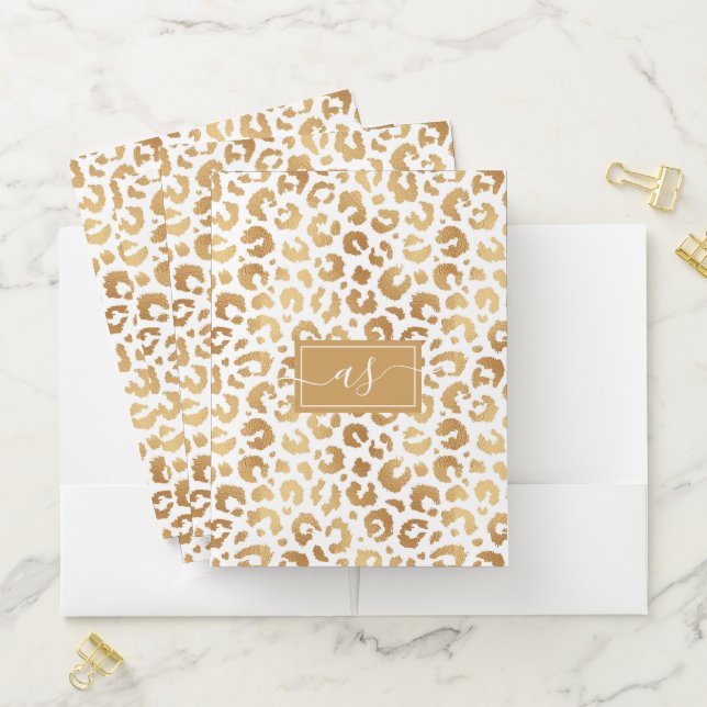 Elegant White Gold Foil Leopard Print Monogrammed Pocket Folder (In Situ)