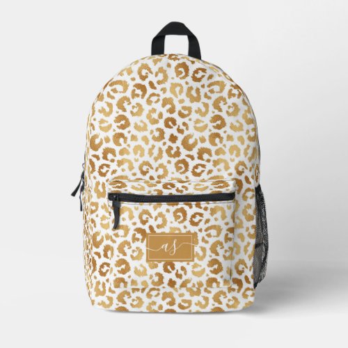 Elegant White Gold Foil Leopard Print Monogrammed Printed Backpack