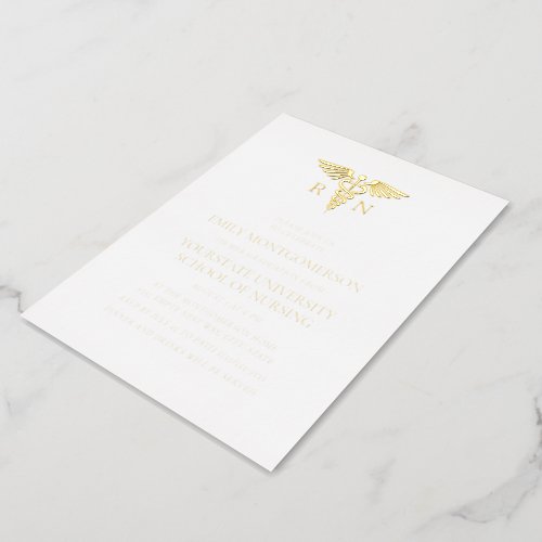 Elegant White Gold Foil Nursing School Graduate  Foil Invitation