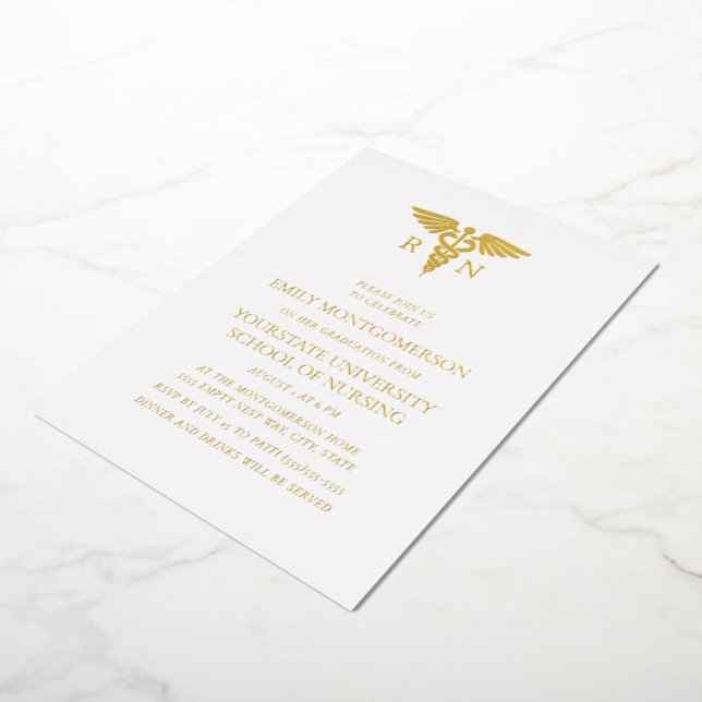 Elegant White Gold Foil Nursing School Graduate  Invitation (Rotated)