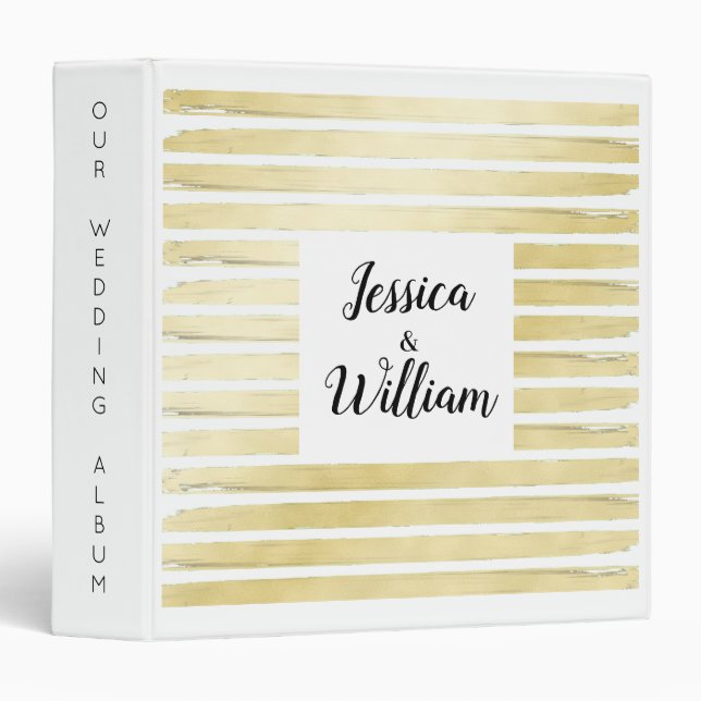 Elegant white gold foil paint striped square frame 3 ring binder (Front/Spine)
