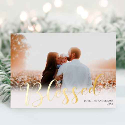 Elegant white gold foil photo Blessed Christmas Foil Holiday Card