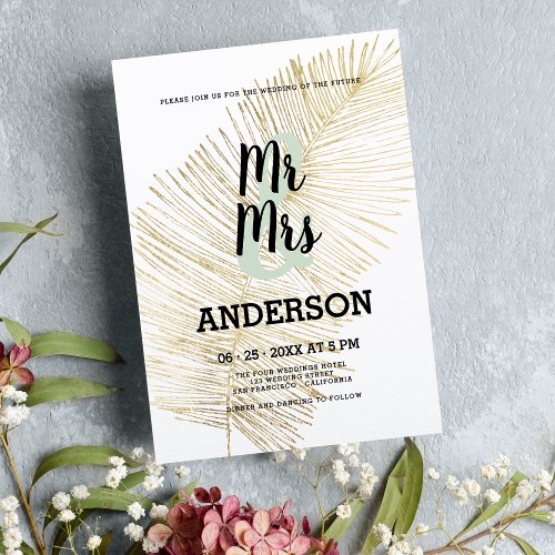 Elegant white gold foil tropical palm tree wedding invitation