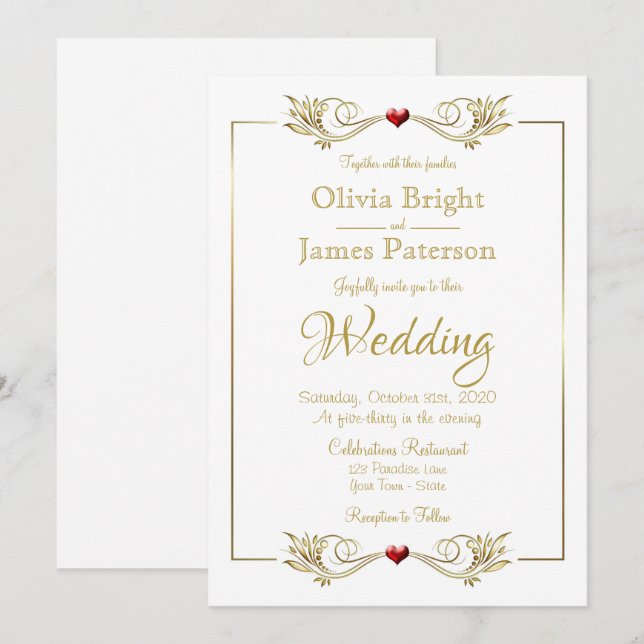 Elegant White Gold Frame Red Heart Wedding Invitation (Front/Back)