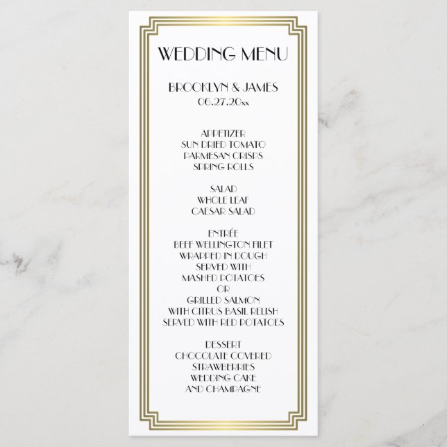 Elegant White Gold Gatsby Art Deco Wedding Menu (Front)