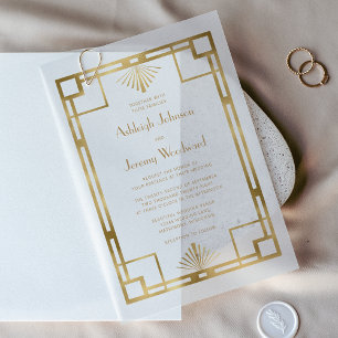 Elegant White Gold Geo Vintage 1920s Deco Wedding Vellum Invitations