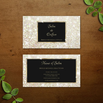 Elegant White Gold Glitter Black And Gold Salon Business Card by GirlyBusinessCards at Zazzle