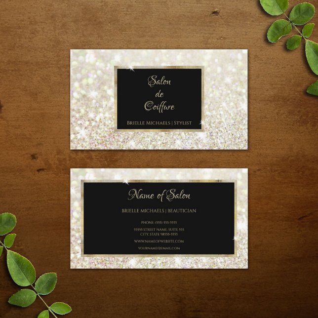 Elegant White Gold Glitter Black and Gold Salon Business Card (Elegant White Gold Glitter Black and Gold Salon Business Cards)