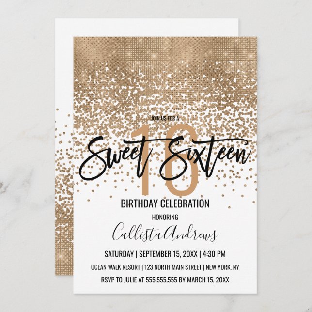 Elegant White Gold Glitter Confetti Ombre Sweet 16 Invitation (Front/Back)