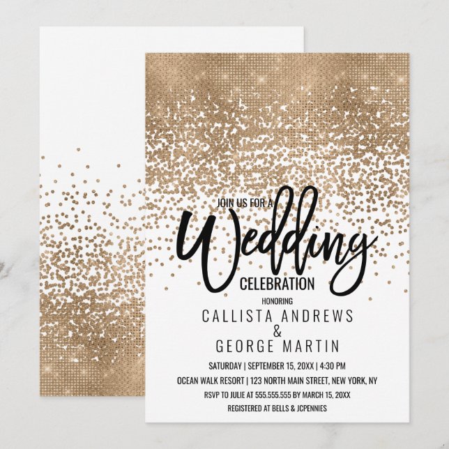 Elegant White Gold Glitter Confetti Ombre Wedding Invitation (Front/Back)