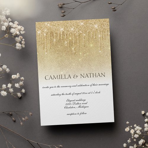 Elegant white gold glitter drips wedding  invitation