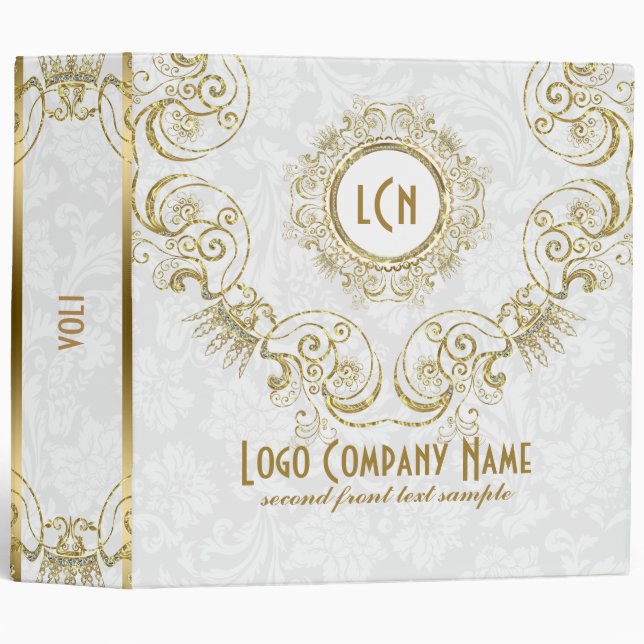 Elegant White & Gold, Glitter Floral Frame 3 Ring Binder (Front/Spine)