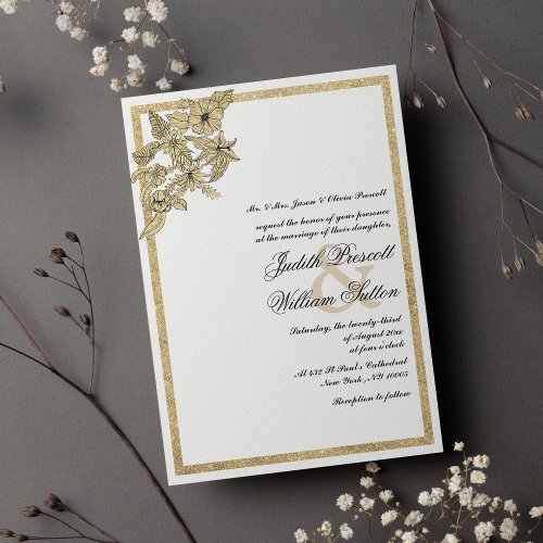 Elegant white gold glitter floral frame wedding invitation