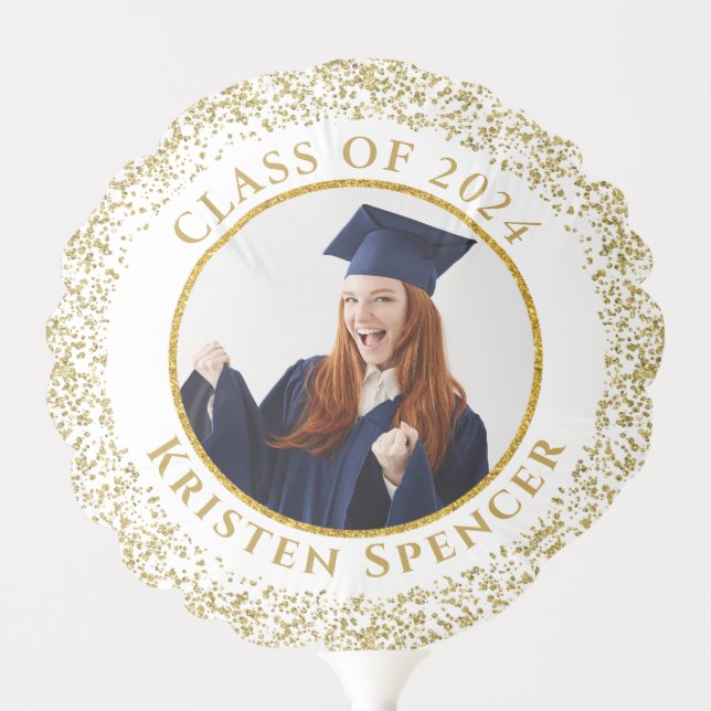 Elegant White Gold Glitter Grad Photo Graduation Balloon (Front)