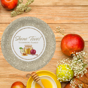 Elegant White Gold Glitter Jewish Rosh Hashanah Paper Plates