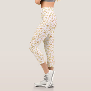 Elegant White Gold Glitter Leopard Animal Print Capri Leggings
