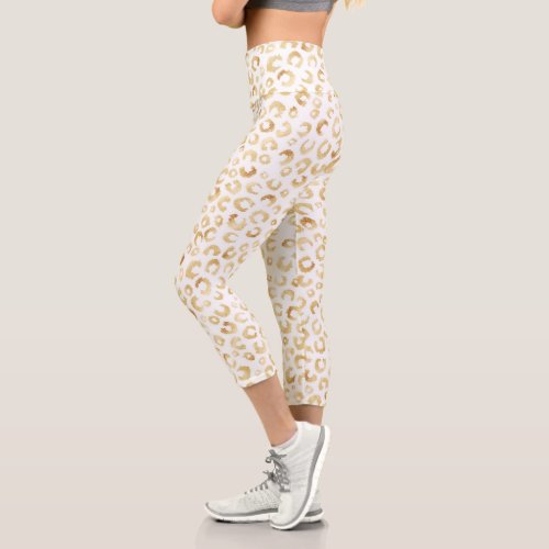 Elegant White Gold Glitter Leopard Animal Print Capri Leggings