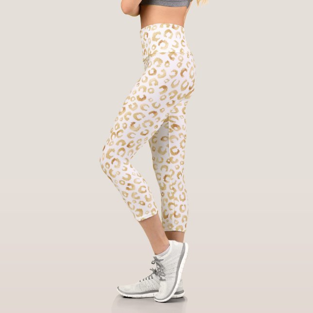 Elegant White Gold Glitter Leopard Animal Print Capri Leggings (Left)