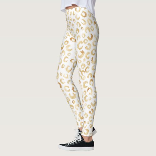 Elegant White Gold Glitter Leopard Animal Print Leggings