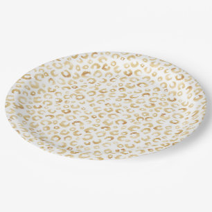 Elegant White Gold Glitter Leopard Animal Print Paper Plates