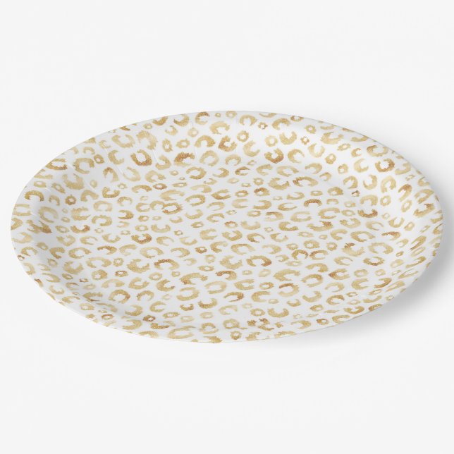 Elegant White Gold Glitter Leopard Animal Print Paper Plates (Angled)