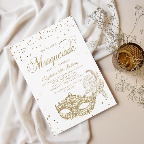 Elegant White Gold Glitter Masquerade Birthday Invitation