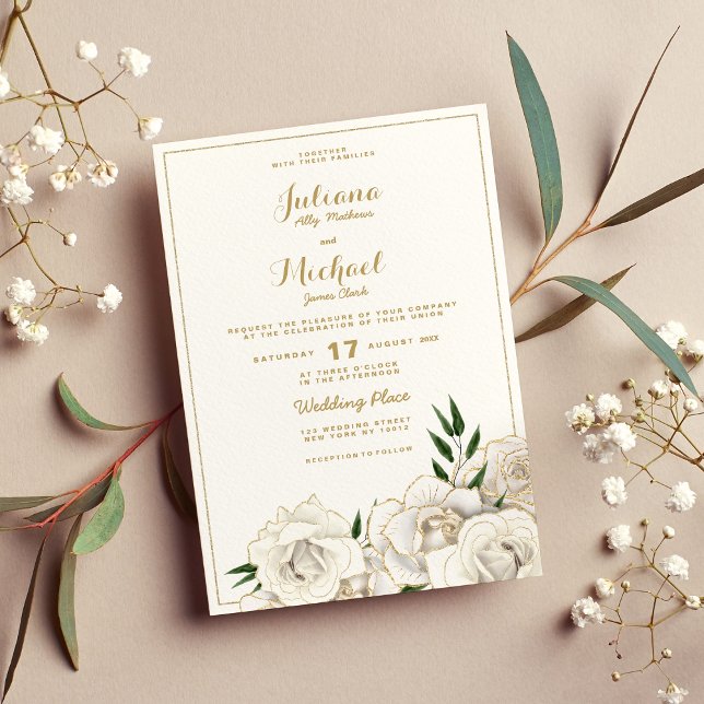 Elegant white gold glitter roses floral Wedding  Invitation (Elegant white gold glitter roses floral Wedding Invitation (Front )