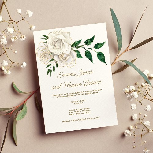 Elegant white gold glitter roses romantic Wedding Invitation