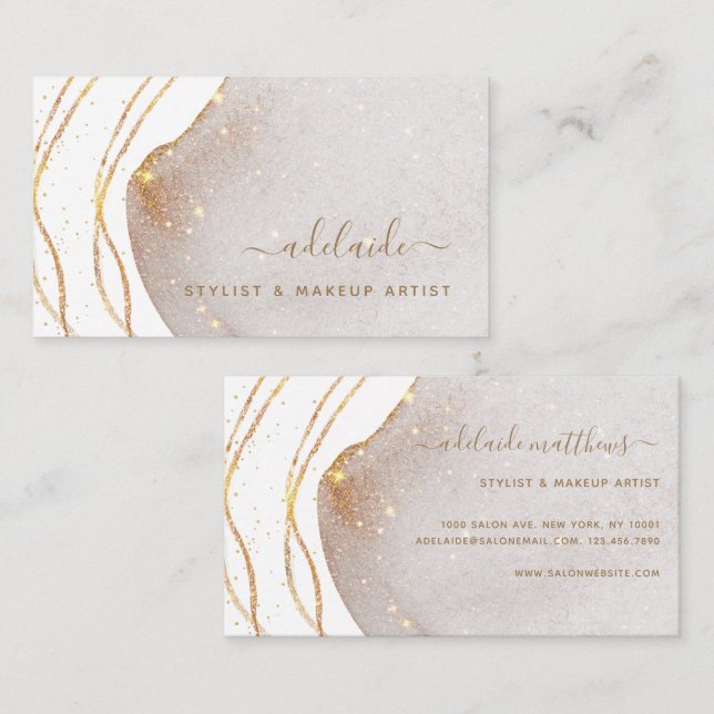 Elegant White Gold Glitter Signature Script Agate  Business Card (Front/Back)
