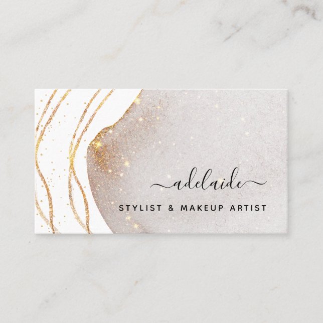 Elegant White Gold Glitter Signature Script Agate Business Card (Front)