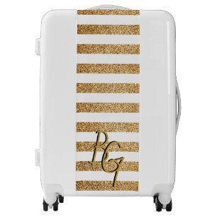 Elegant White Gold Glitter Stripe Monogram Luggage