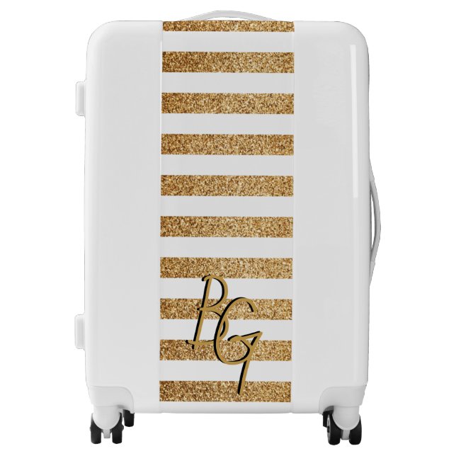 Elegant White Gold Glitter Stripe Monogram Luggage (Front)