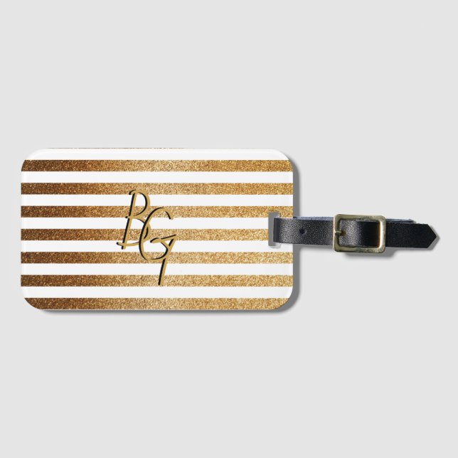 Elegant White Gold Glitter Stripe Monogram Luggage Tag (Front Horizontal)