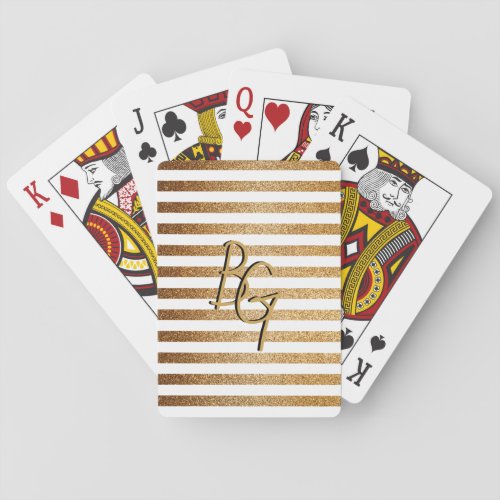 Elegant White Gold Glitter Stripe Monogram Poker Cards