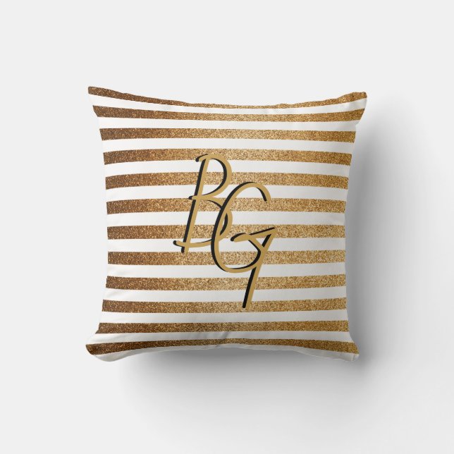 Elegant White Gold Glitter Stripe Monogram Throw Pillow (Front)