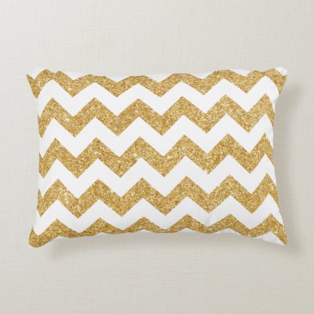 Elegant White Gold Glitter Zigzag Chevron Pattern Decorative Pillow
