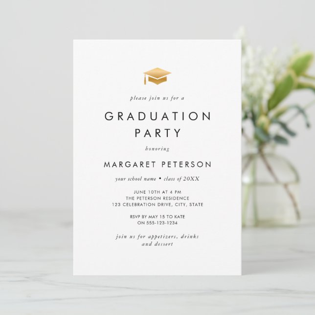 Elegant White Gold Grad Cap Chic Graduation Party Invitation (Standing Front)