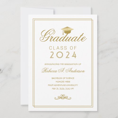 Elegant White Gold Grad Cap College Graduation Announcement