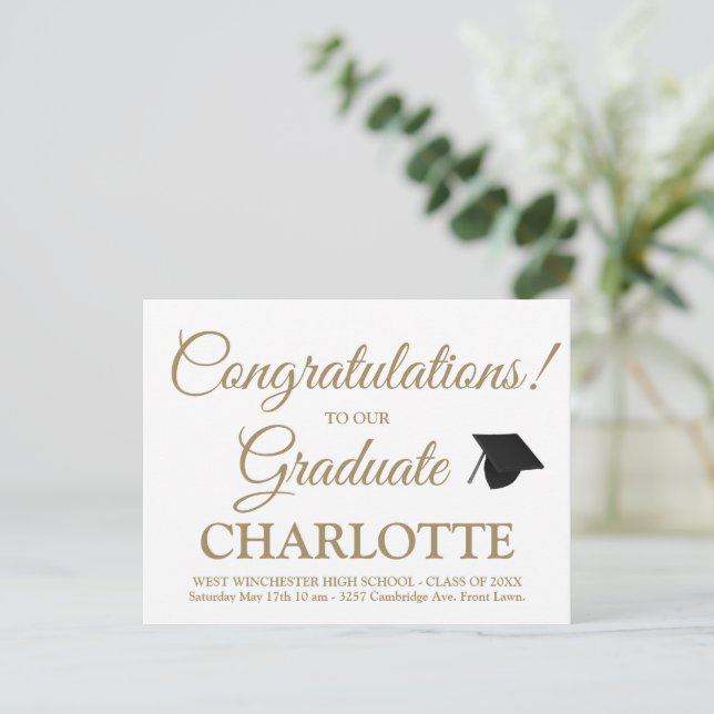 Elegant white gold grad cap graduation invitation postcard (Standing Front)