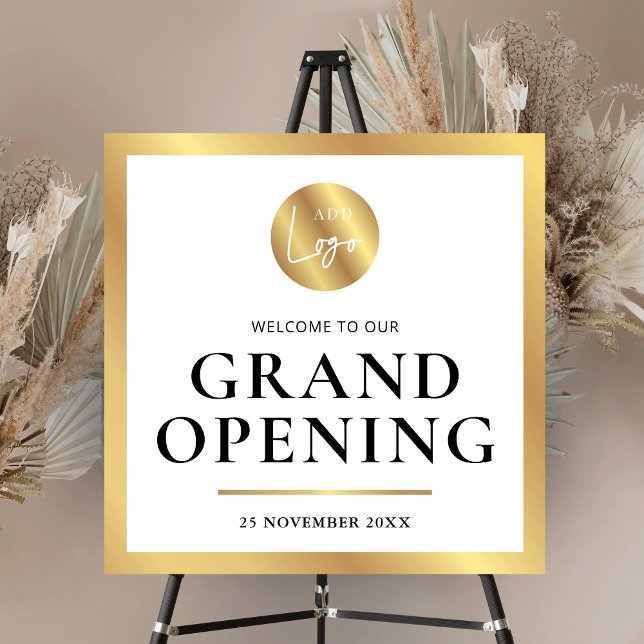  Elegant White & Gold Grand Opening Business Sign (Modern white and gold effect business grand opening welcome sign with space for your logo)