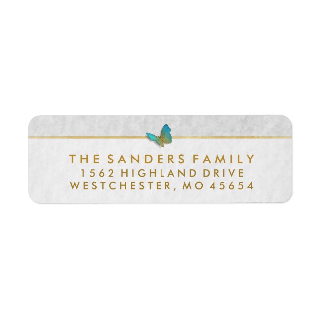 Elegant White Gold & Gray Butterfly Return Address Label (Front)
