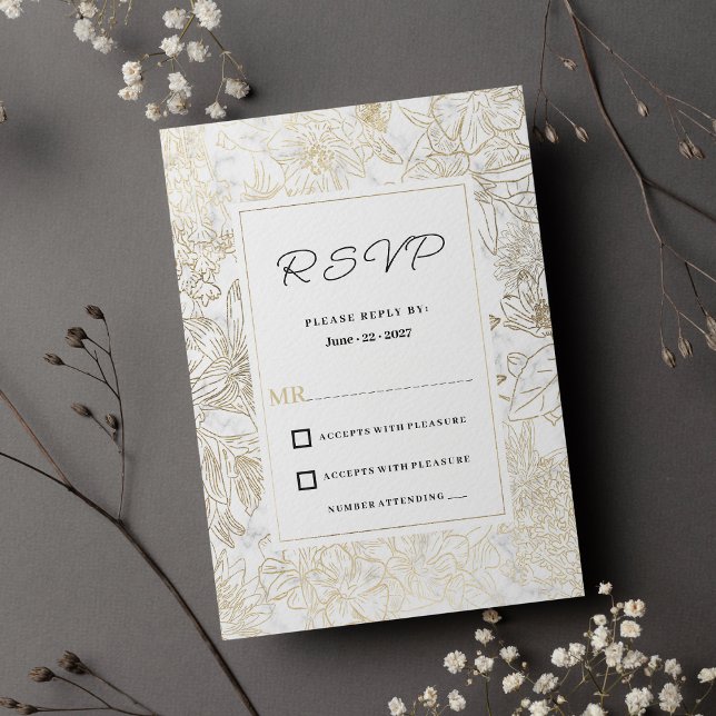 Elegant white gold gray marble floral RSVP  Invitation (Elegant white gold gray marble floral RSVP)
