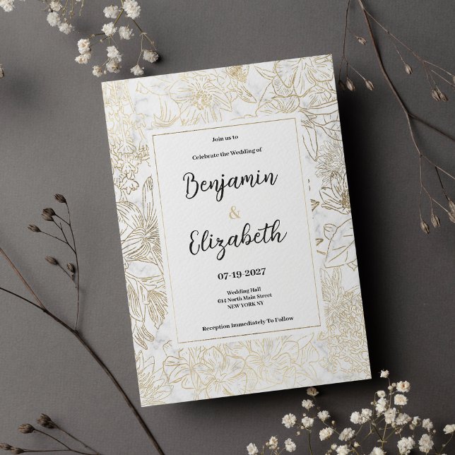 Elegant white gold gray marble floral Wedding Invitation (Elegant white gold gray marble floral Wedding )