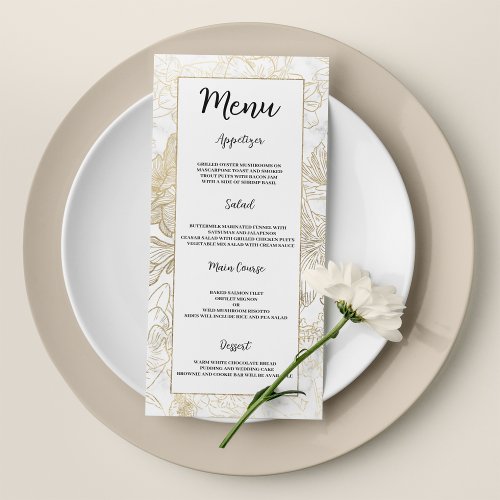 Elegant white gold gray marble floral Wedding Menu