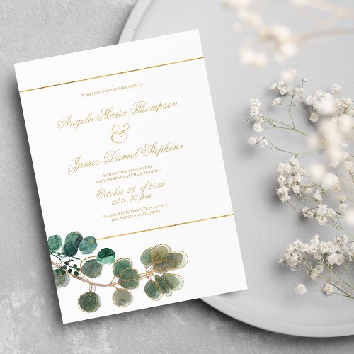 Elegant white gold green eucalyptus leaves wedding invitation