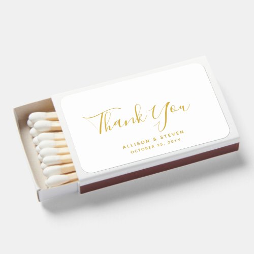 Elegant White Gold Handwritten Thank You Wedding Matchboxes