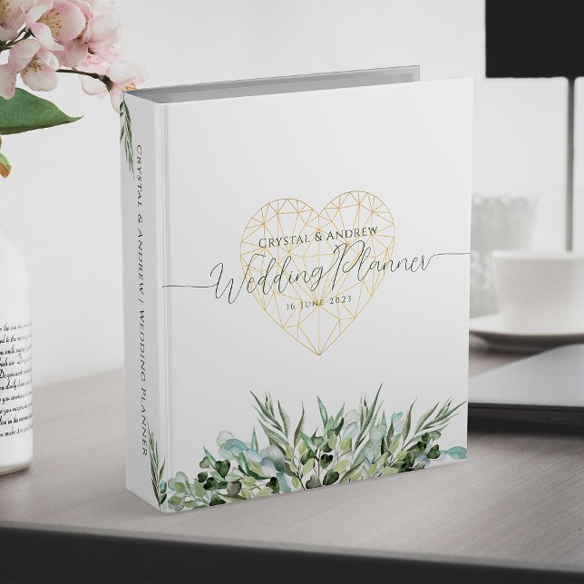  Elegant White Gold Heart Foliage Wedding Planner 3 Ring Binder (Binder standing on table)