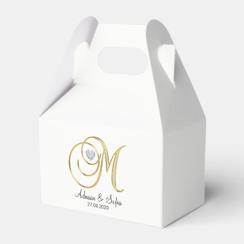 Elegant White Gold Heart Monogram M Wedding Gift Favor Boxes