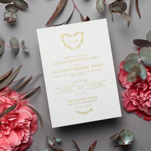 Elegant White  Gold Heart Wreath Wedding Foil Invitation