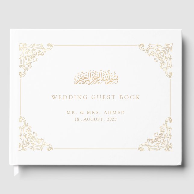 Elegant White Gold Islamic Muslim Wedding Guest Book (Front)
